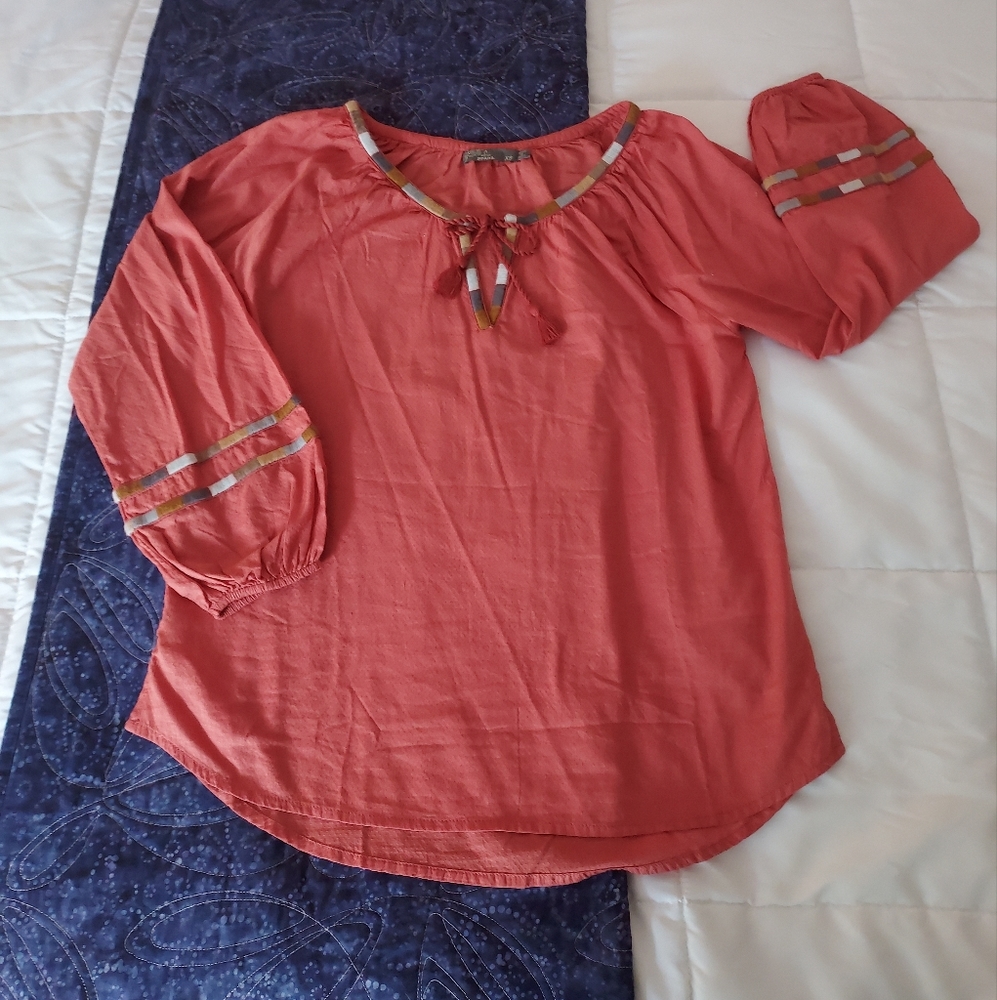 EUC Prana blouse with embroidery trim, XS